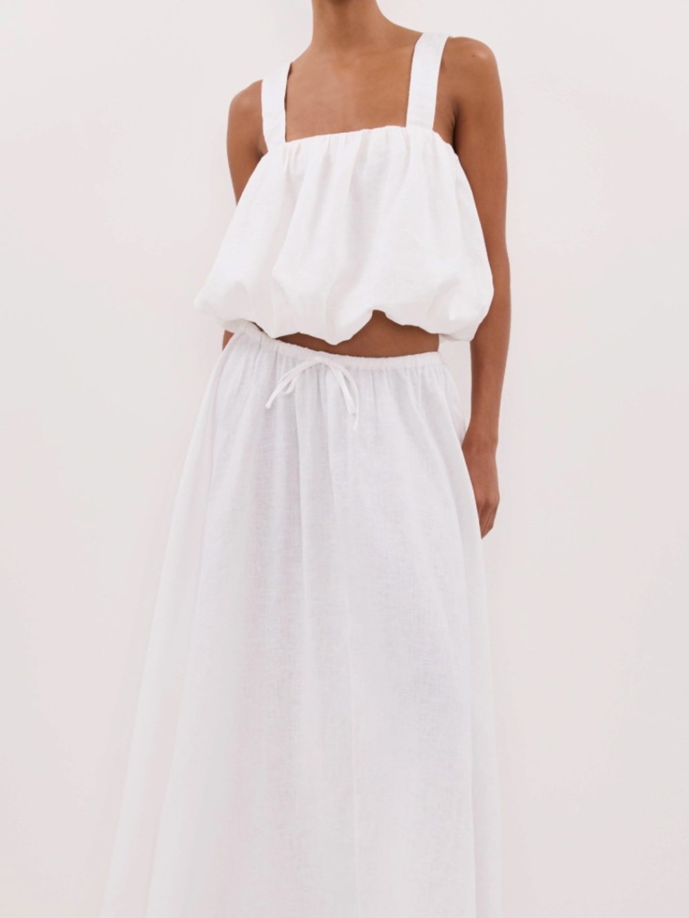 DISSH White Cotton Balloon Crop Top and Maxi Skirt Set